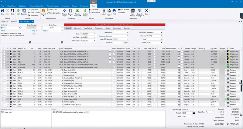 Order detail screen from Paragon Computing Solutions. 