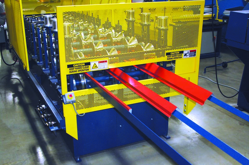 A multiple-profile roll former. When multiple tooling sets are available in the same footprint, it reduces the need for separate machines and saves space on the shop floor. Photo courtesy of Metal Rollforming Systems